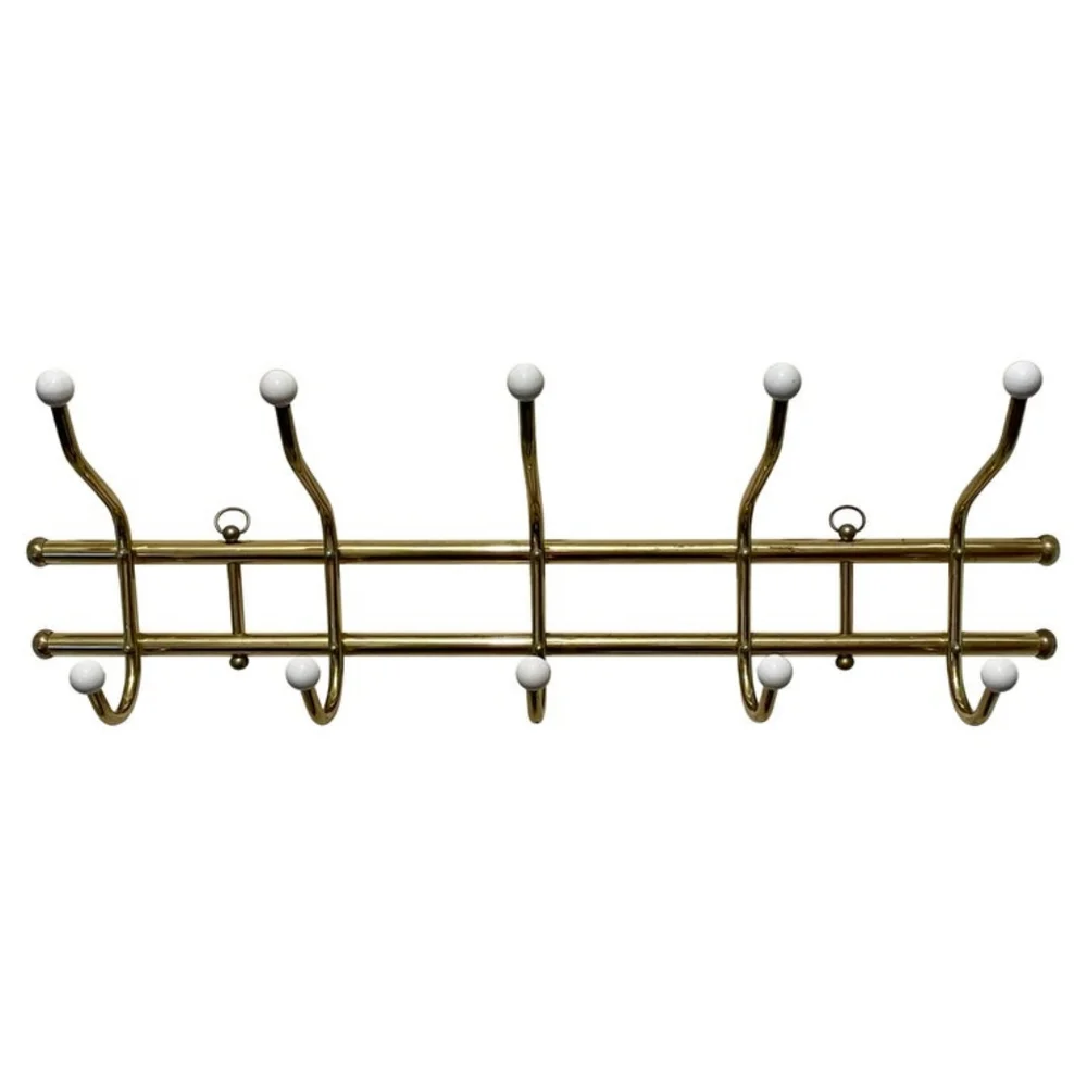 Vintage 1970s Beautiful Gold Brass Wall Mounted Coat Rack Hooks Porcelain Knobs